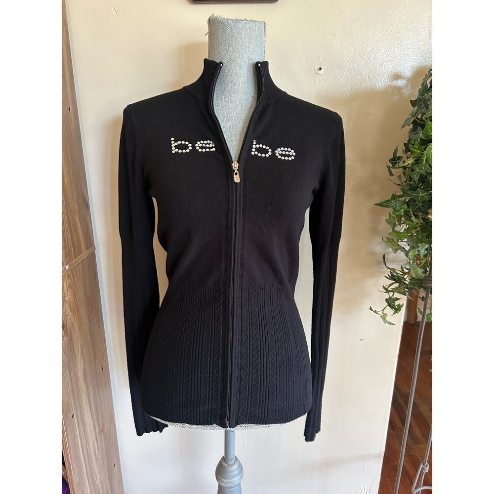 Bebe Zip Up Sweater Women Large Black Y2K Rhinestone Logo Ribbed Knit Jacket